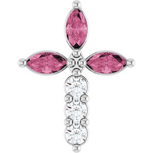 Platinum Natural Pink Tourmaline & 1/10 CTW Natural Diamond Cross Pendant