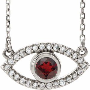 14K White Natural Mozambique Garnet & Natural White Sapphire Evil Eye 16 Necklace"