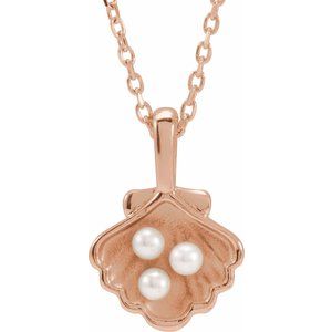 14K Rose 3-Stone Cultured White Seed Pearl Family Shell 16-18 Necklace"