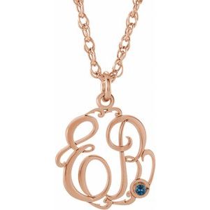 14K Rose 2-Initials Imitation Blue Zircon Script Monogram 16 Necklace"
