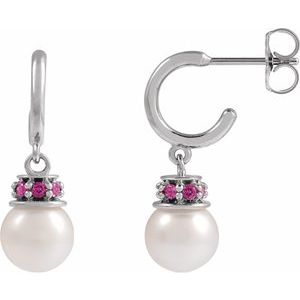 Platinum Cultured White Freshwater Pearl & Natural Pink Tourmaline Hoop Earrings