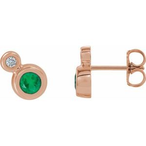14K Rose 4 mm Natural Emerald & .06 CTW Natural Diamond Earrings