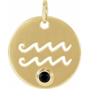 14K Yellow Natural Black Spinel Aquarius Zodiac Pendant
