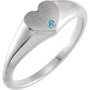 14K White Natural Blue Zircon Heart Signet Ring