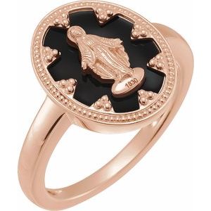 14K Rose Oval Black Enamel Miraculous Medal Ring