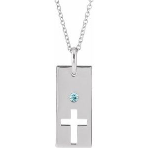 14K White Natural Aquamarine Cross Bar 16-18 Necklace"