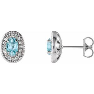 14K White 5x3 mm Natural Blue Zircon & 1/8 CTW Natural Diamond Halo-Style Earrings