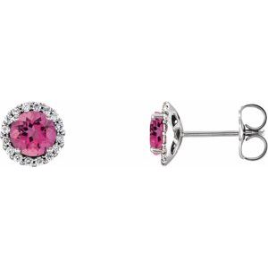 14K White 3 mm Natural Pink Tourmaline & 1/10 CTW Natural Diamond Earrings