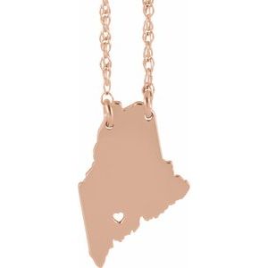 14K Rose Maine State with Heart-Pierced City 16 Necklace"