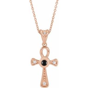 14K Rose Natural Onyx & .04 CTW Natural Diamond Ankh Cross 16-18' Necklace