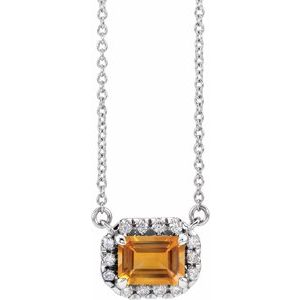 14K White 6x4 mm Natural Citrine & 1/5 CTW Natural Diamond Halo-Style 16 Necklace"