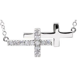 14K White 1/5 CTW Natural Diamond Double Sideways Cross 16-18 Necklace"