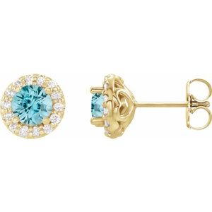 14K Yellow 6 mm Natural Blue Zircon & 1/4 CTW Natural Diamond Earrings