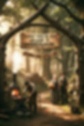 Rustic forest gate with sign reading ALRIGHT THEN ME DUCK, WELCOME TE HAMMERWOOD; couple smiles by a blacksmith at a forge.