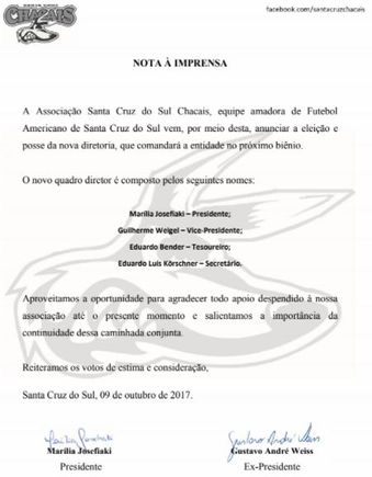 Chacais elege a primeira mulher Presidente de um time de Futebol Americano no Estado