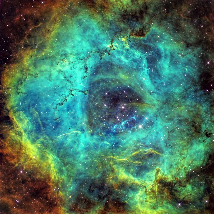 Rosette nebula by the author in the Hubble Palette, using data from Telescope.live
