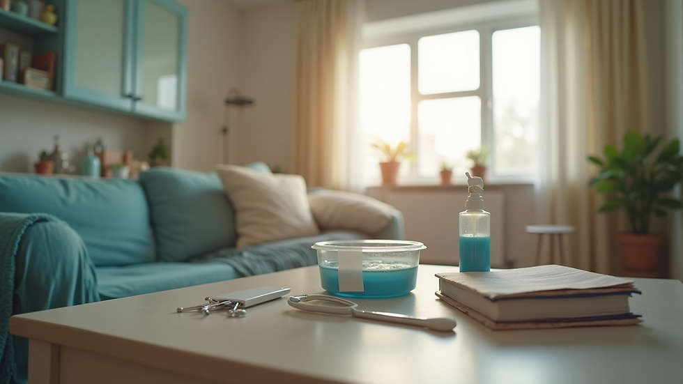 Eye-level view of a cozy home healthcare setup with medical supplies