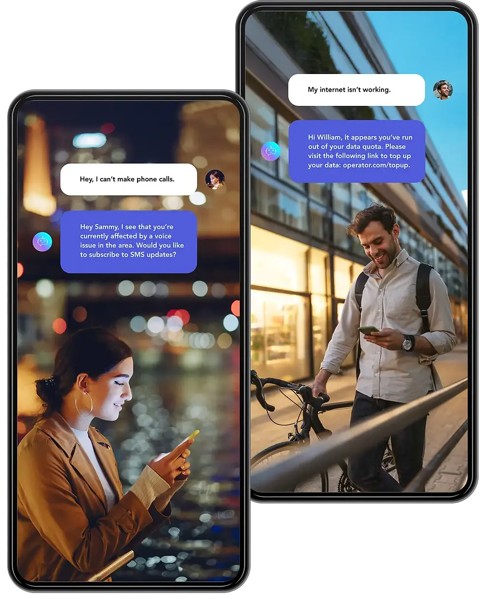 Smartphones with people in screen chatting with AI support