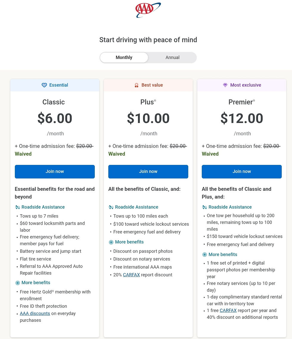 Pricing options for my AAA Texas membership, with plans starting as low as $6/month