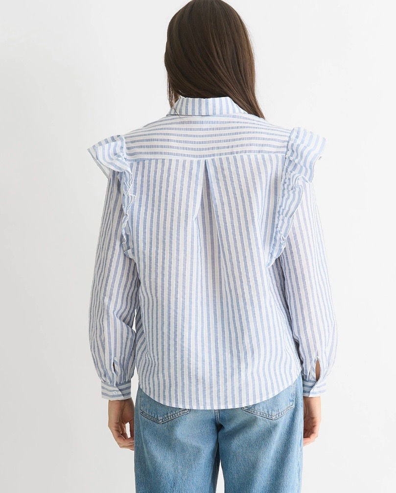 Thumbnail: Blue Stripe Frill Cotton Shirt