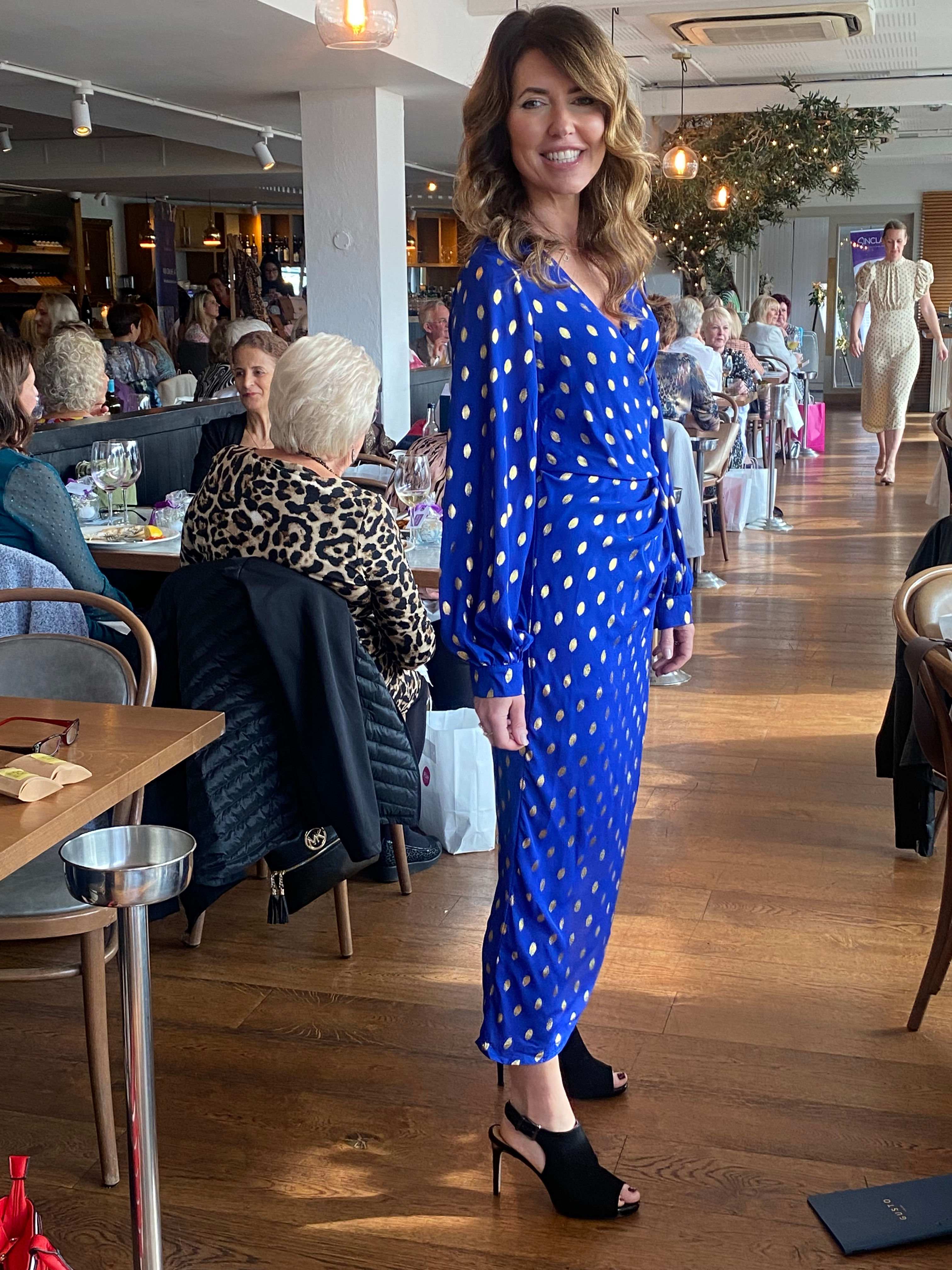 Cobalt and Gold Foil Long Sleeve Wrap Dress