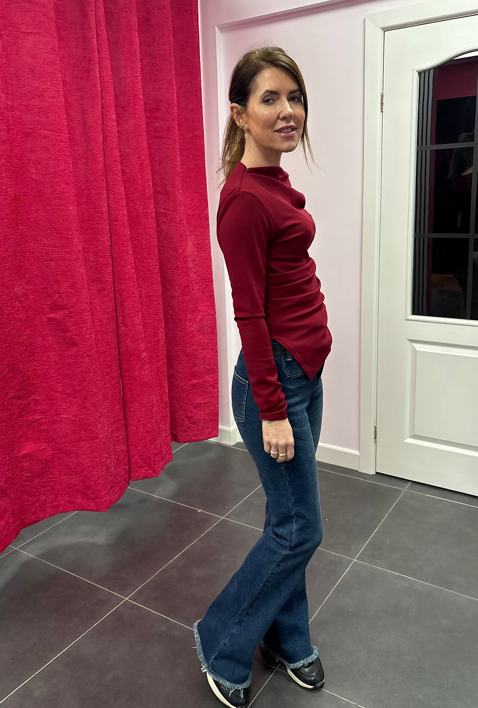 Thumbnail: Girl in Mind Asymmetric Neckline Top Wine