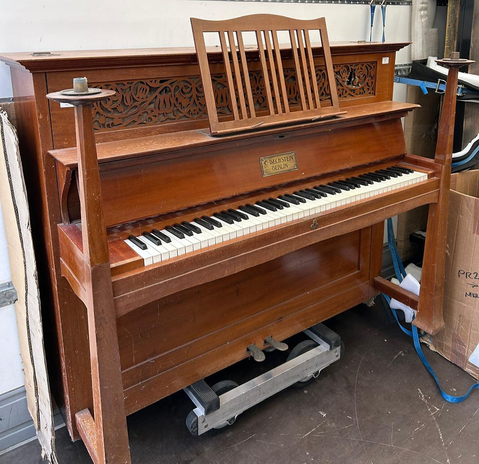 Bechstein Model IV showing the inclay and teh candle sticks in The Bechstein Model IV and the Arts and Crafts Piano Case