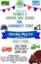 Community event flyer for Charles E. Gorton High School on May 3rd. Features trucks, police car, and text with event details and partners.