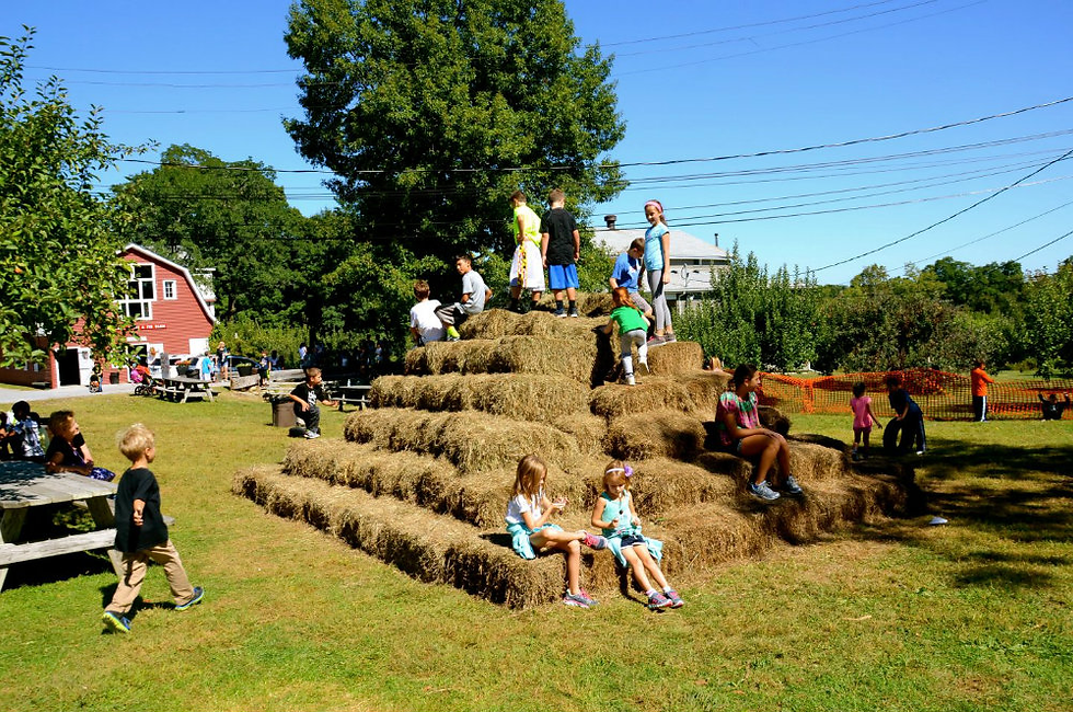 A group of children playing on a pyramid of hay bales.