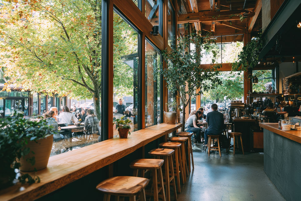 Completed commercial tenant space with natural light, bar seating, and occupied dining area