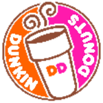 Dunkin' Donuts logo with text and coffee cup, orange and pink circle.