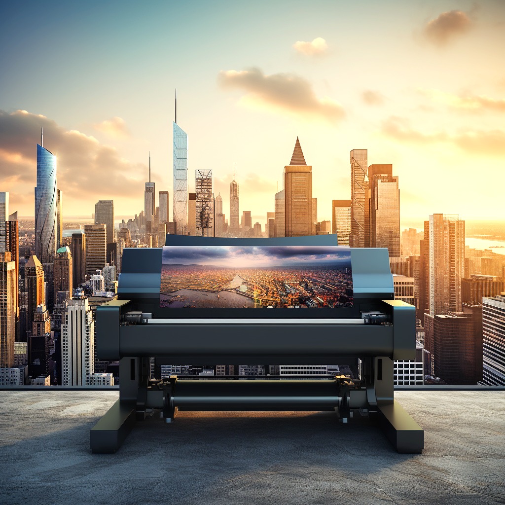 Modern wide-format printer producing crisp, high-quality prints, with a cityscape backdrop showcasing premium printing.