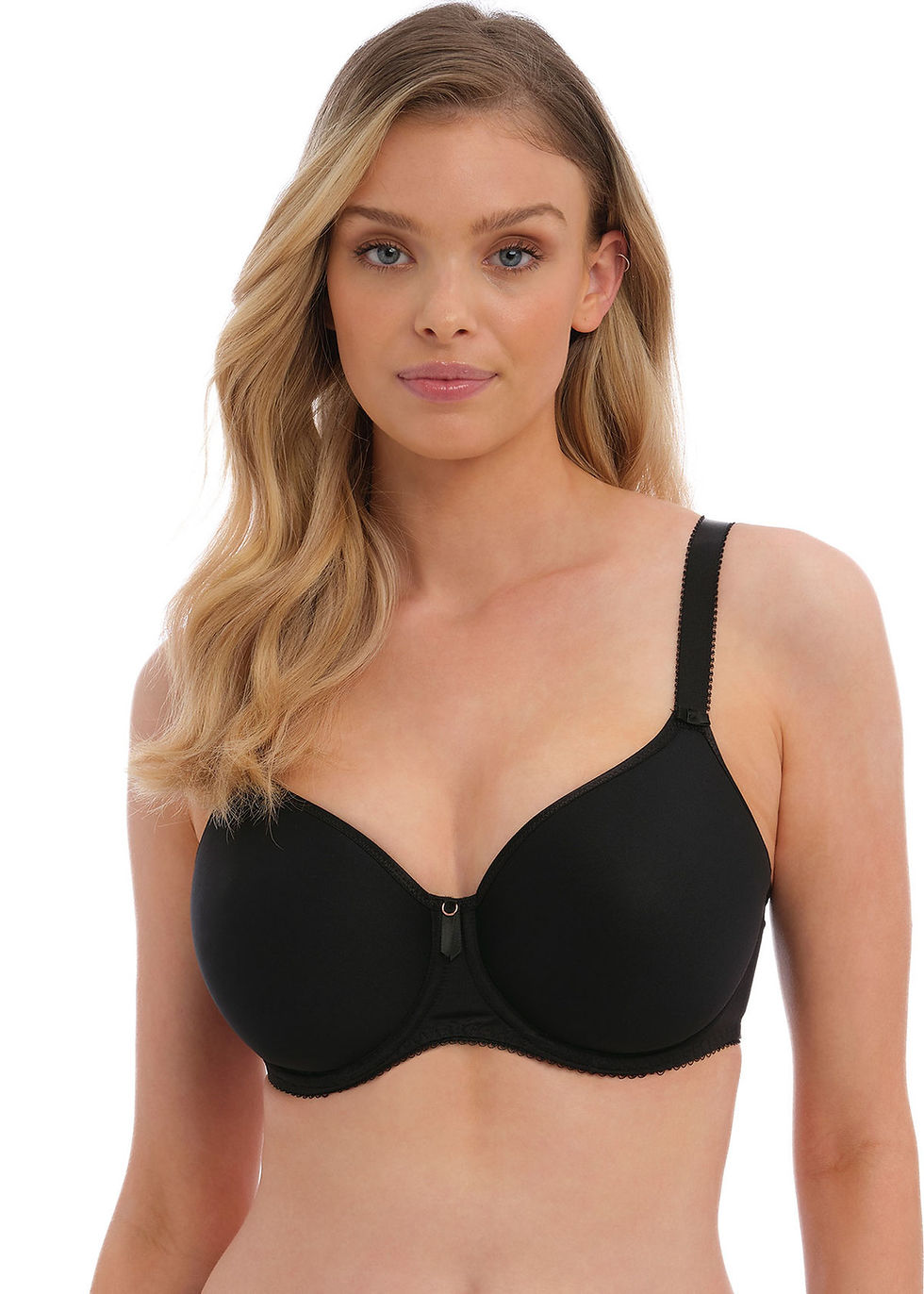 Thumbnail: woman wearing a black strap bra front