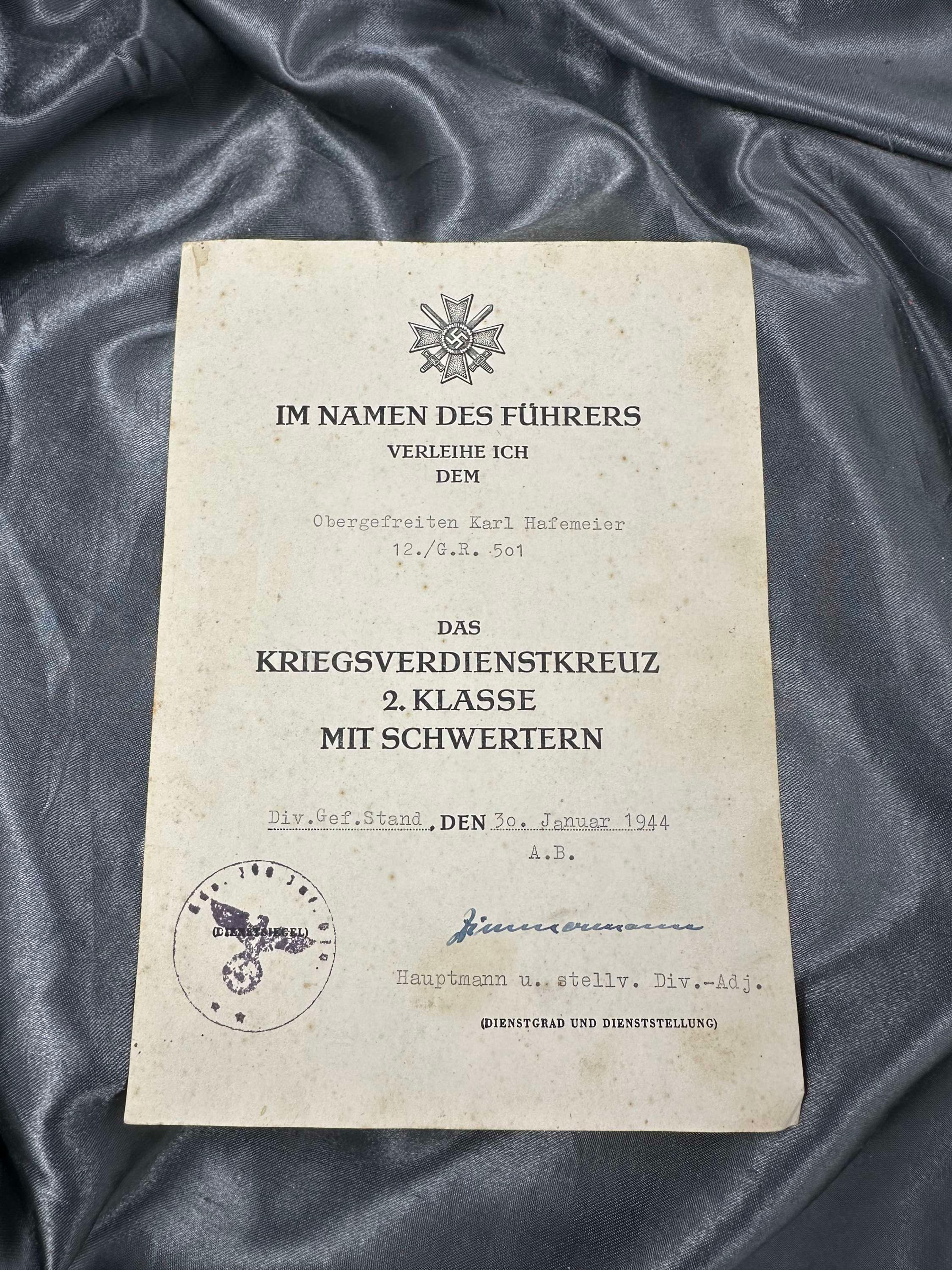 WWII GERMAN MERIT CROSS PAPERWORK