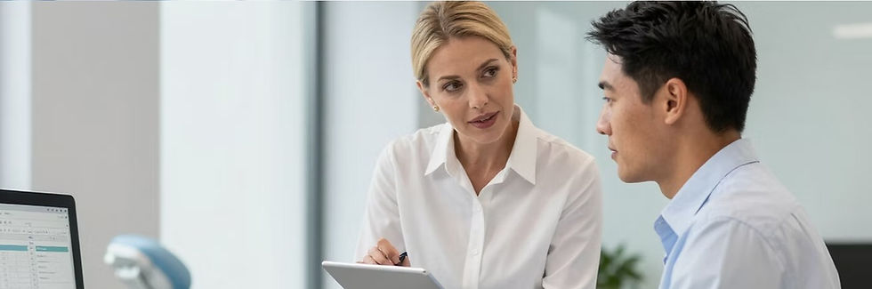 Wide landscape photo of consulting professionals collaborating in an office, neutral tones, main focus on central assistant