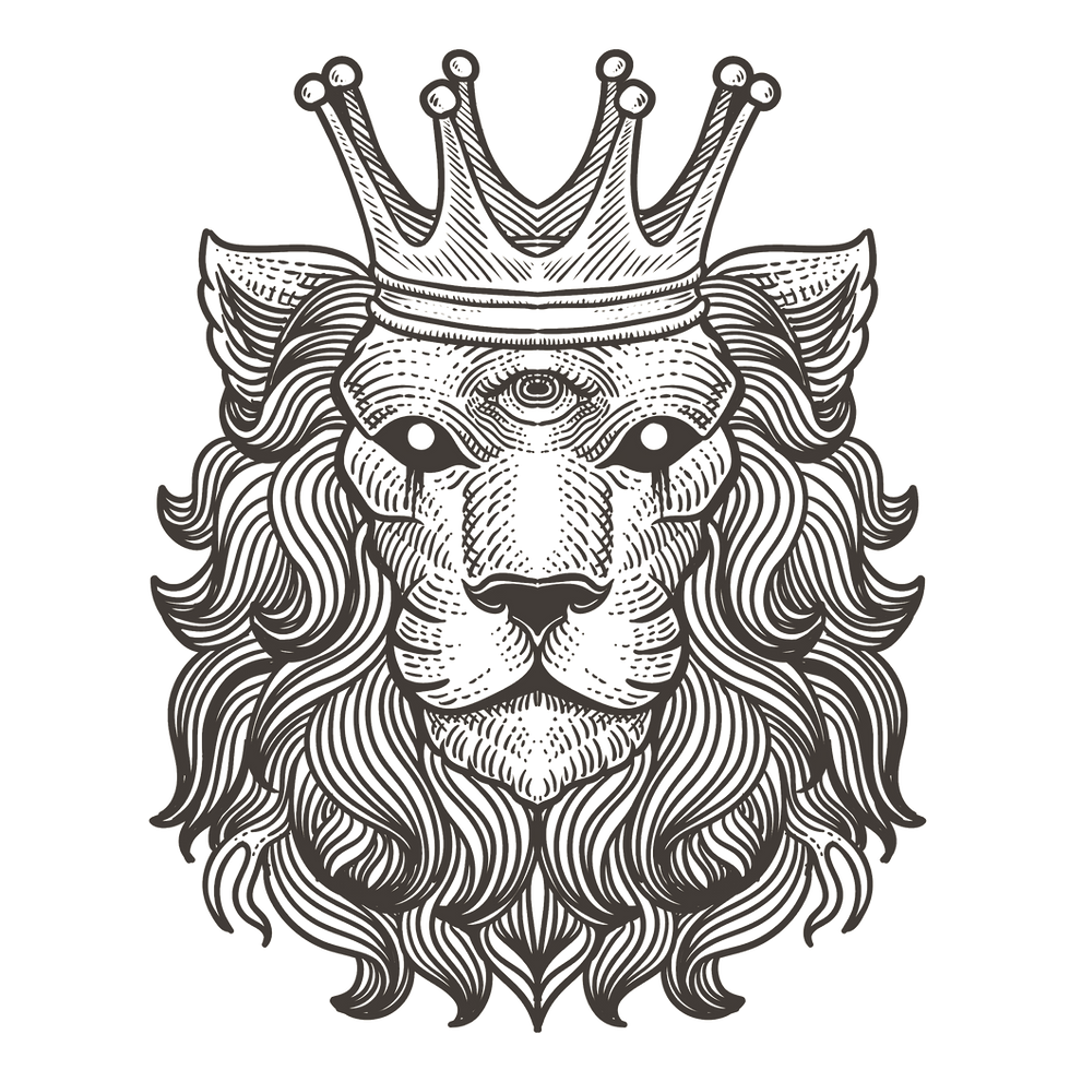 A lion with its third eye visible, wearing a crown