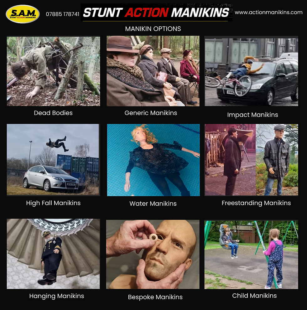 Examples of articulated stunt dummies and simulation manikins for film, television and professional training