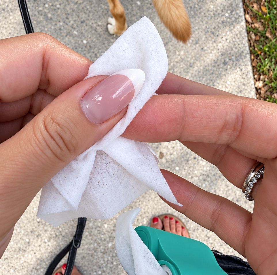 Hand picking up dog poop with a bag, wipes ready in the POOF dispenser