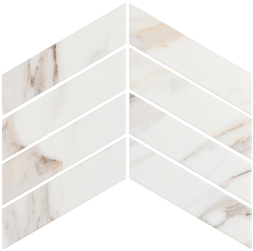 Miniature : Porcelain Glazed Calacatta Mont 2" x 7" Chevron Matt Mosaic