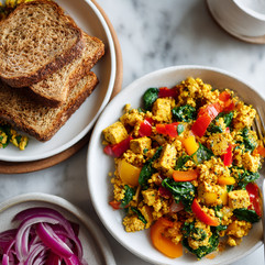 Plate of tofu scramble with red, yellow, and orange peppers, spinach and red onions with toast
