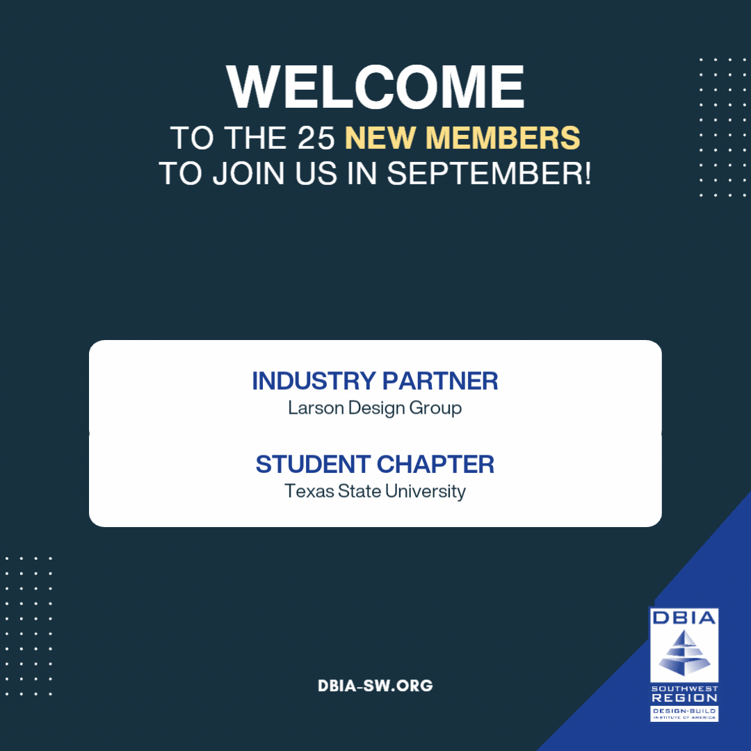 Welcome message with a dark background announces 12 new DBIA-SW members from Oklahoma and TX-DFW. 