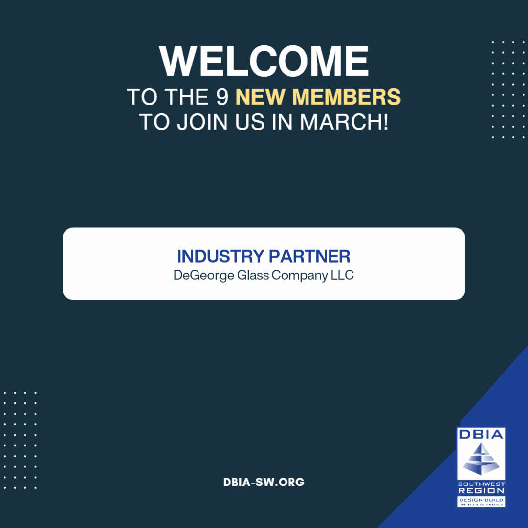Welcome message with a dark background announces 12 new DBIA-SW members from Oklahoma and TX-DFW.
