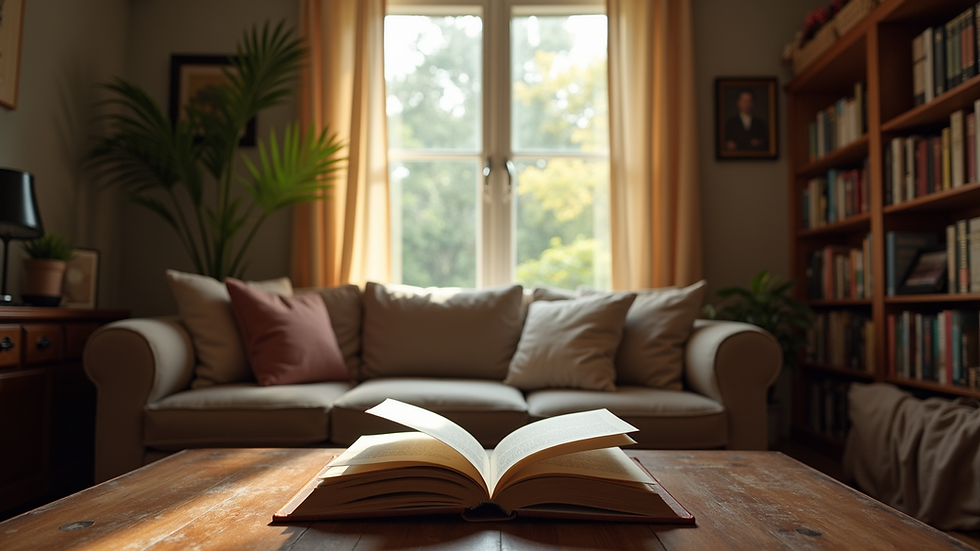 Eye-level view of a cozy reading nook with natural light
