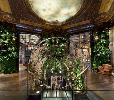 interieur de la boutique replay a paris avec mur végétalisé