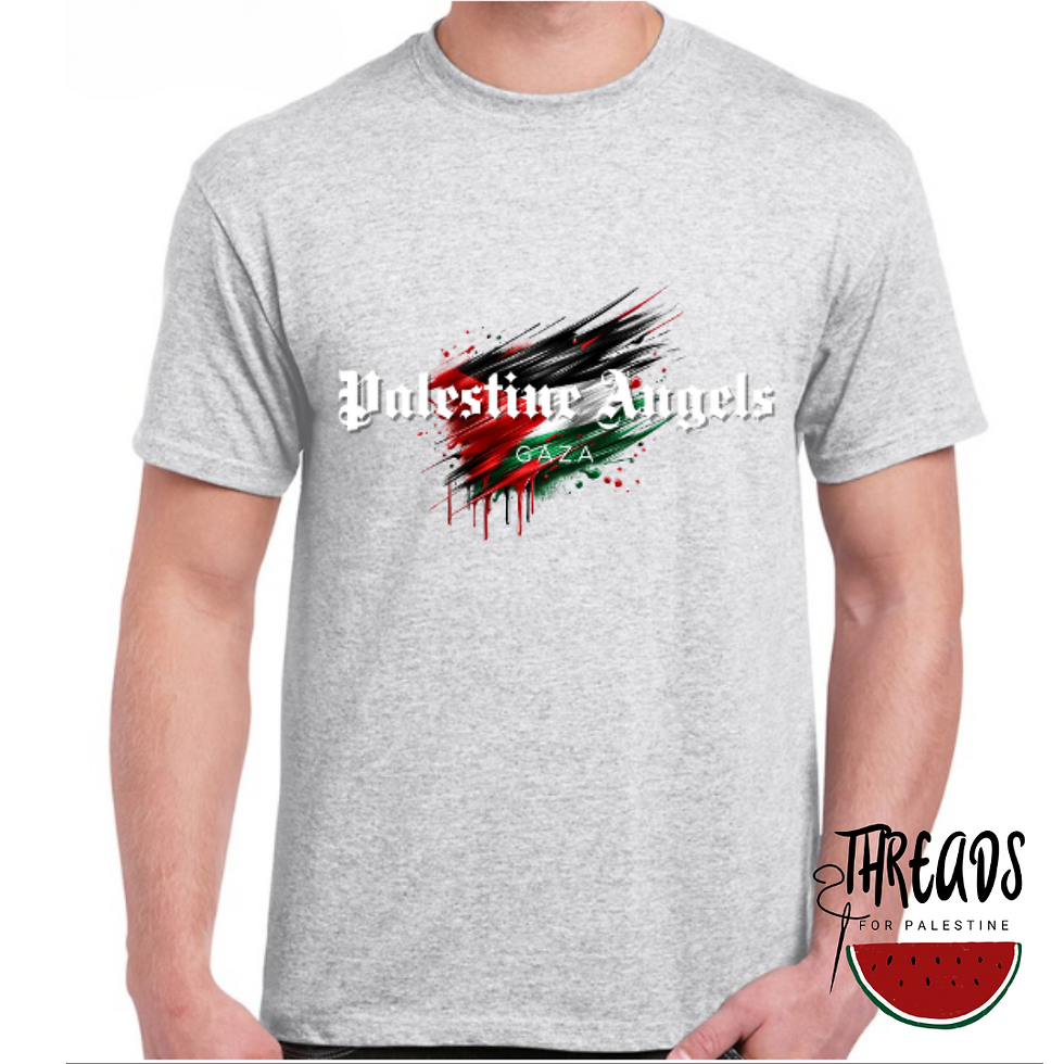Thumbnail: Unisex Palestine Angels T-Shirt in Ash - Showcasing a striking Palestine flag design in spray paint style.