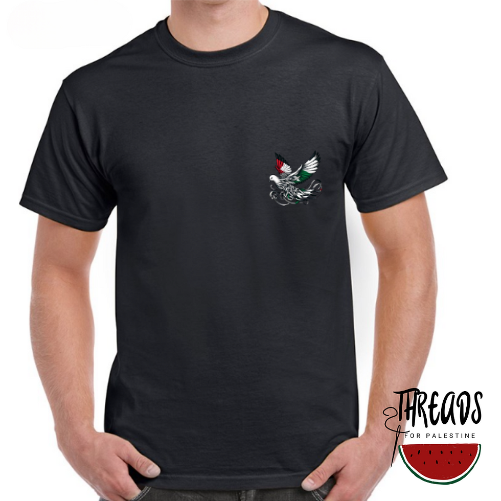 Thumbnail: Unisex Dove T-Shirt in Black with Palestine Flag Colours - Symbol of peace and support.