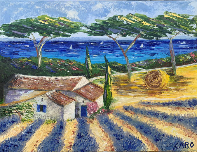 Peinture au couteau d'un mas de Provence avec lavandes et pins parasols en bord de mer