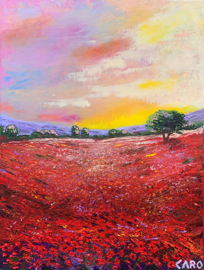 Champ de coquelicots sur fond de montagnes peinture au couteau rouge