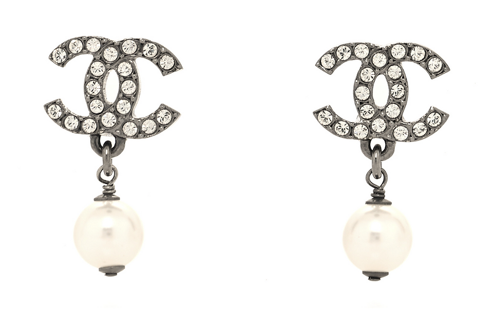 chanel cc gray pearl drop earrings