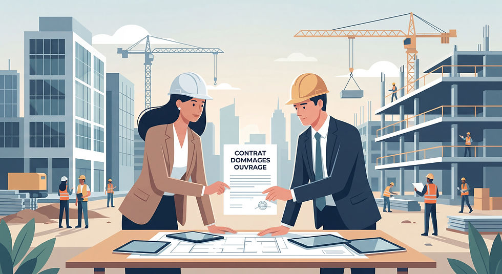 Deux professionnels signent un contrat de dommages ouvrage sur un chantier de construction, illustrant la garantie du maître d'ouvrage.